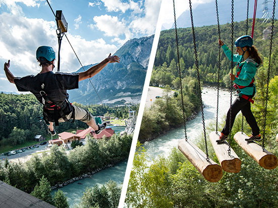 Eine Person läuft auf Baumstämmen, die andere macht einen Flying Fox.