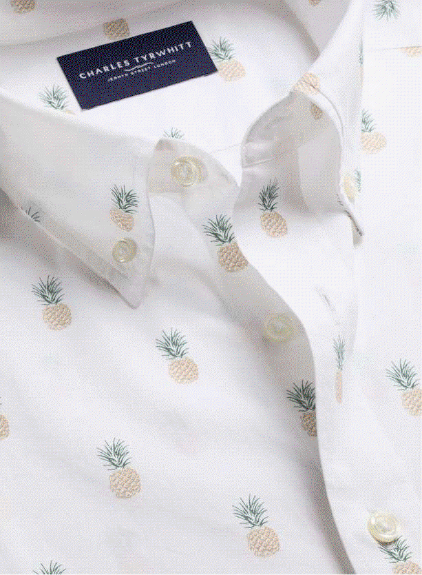 Short Sleeve Stretch Washed Poplin Print Shirt - White