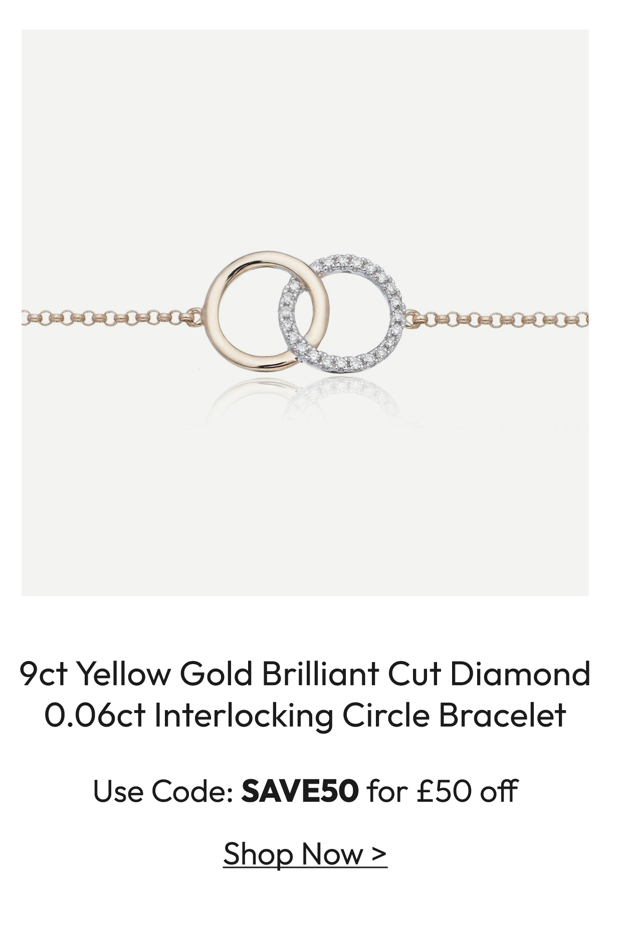9ct Yellow Gold Brilliant Cut Diamond 0.06ct Interlocking Circle Bracelet