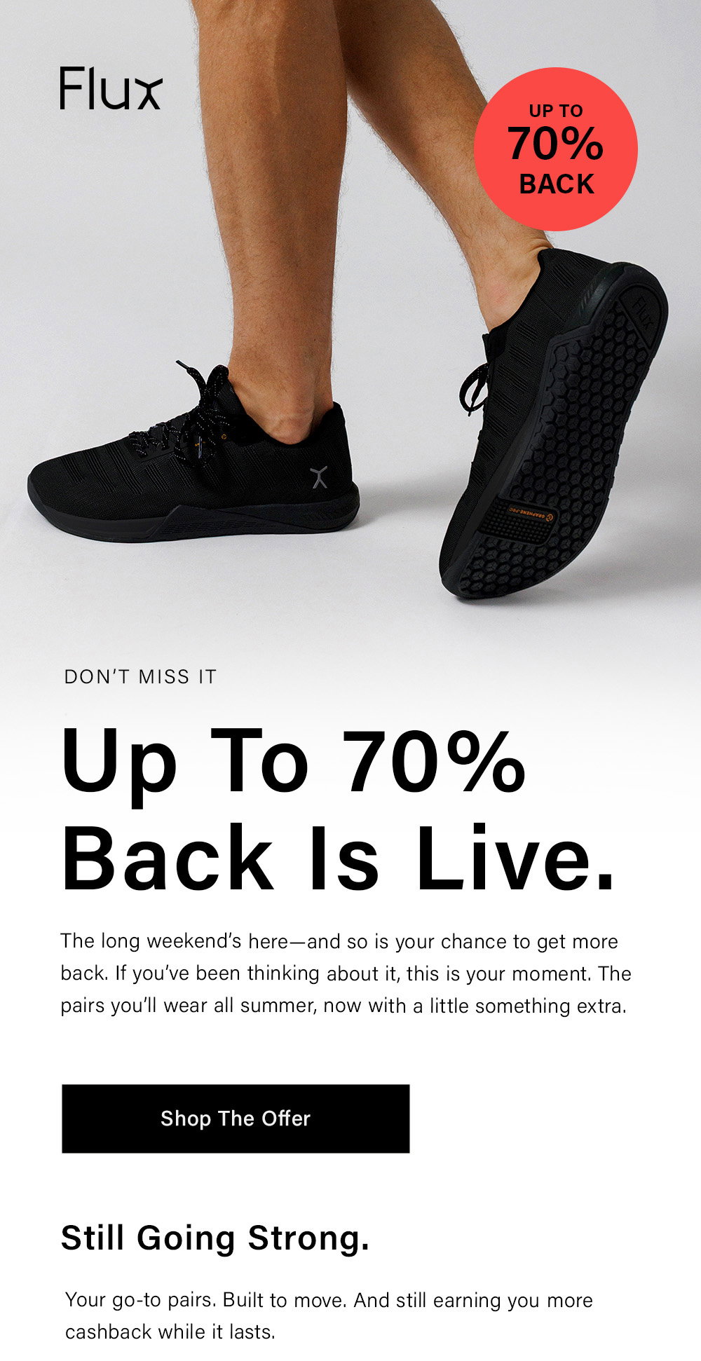 Flux DON’T MISS IT Earn Up To 70% Back. The long weekend’s here—and so is your chance to get more back. If you’ve been thinking about it, this is your moment. The pairs you’ll wear all summer, now with a little something extra. [ Shop The Offer ] Still Going Strong. Your go-to pairs. Built to move. And still earning you more cashback while it lasts. 