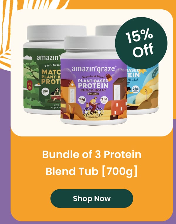 Bundle of 3 protein blend tubs featuring Matcha, Choco-Holic, and Vanilla flavors with 15% off