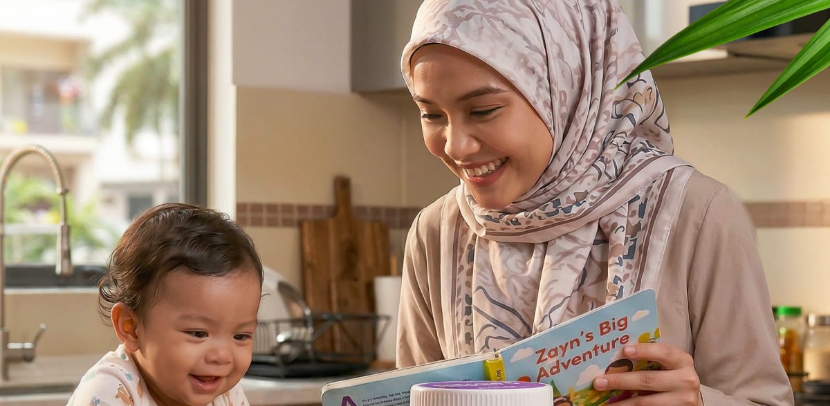 Mother wearing hijab reading a children's book with toddler in a kitchen