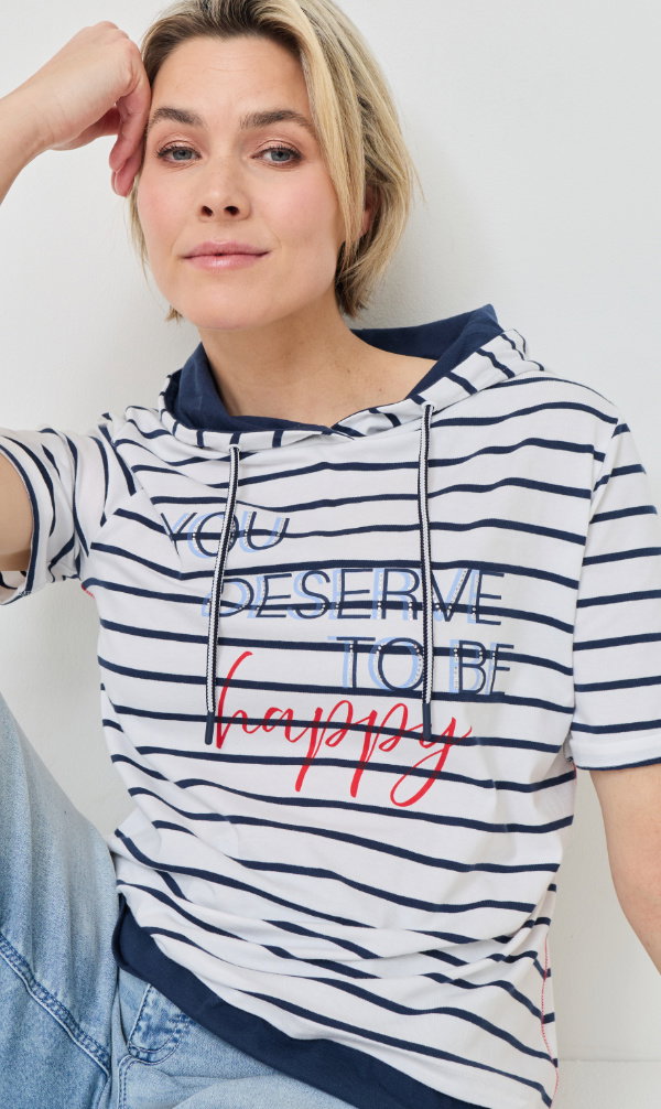 Streifen-Shirt mit Kapuze u. Print
