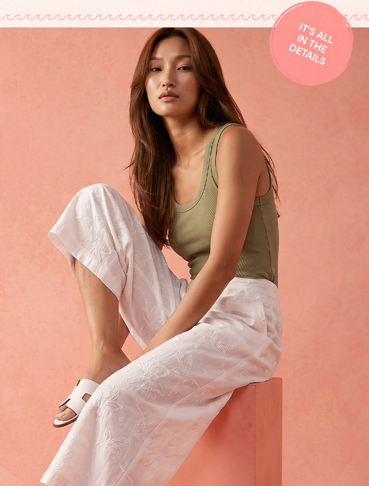 White Textured Floral Cropped Wide Leg Trouser