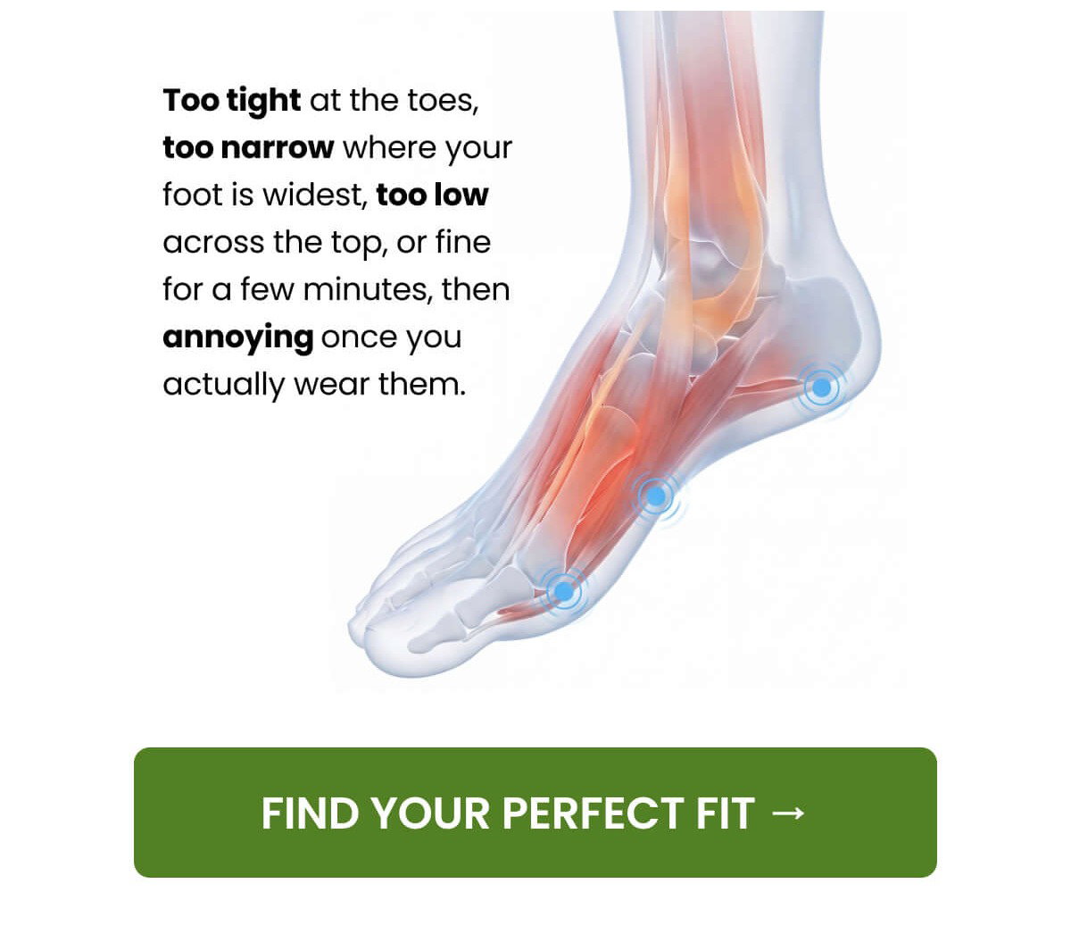 Too tight at the toes,  too narrow where your foot is widest, too low across the top, or fine for a few minutes, then annoying once you actually wear them.