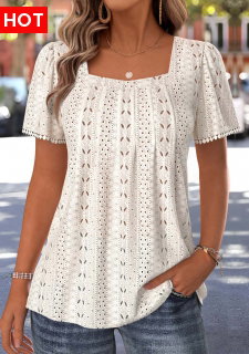 ROTITA Pleated Beige Square Neck Short Sleeve T Shirt