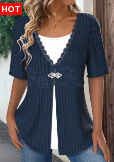 ROTITA Patchwork Navy Round Neck Fake Two Piece Twinset