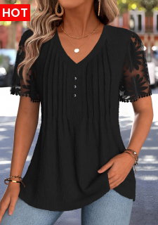 ROTITA Patchwork Black V Neck Short Sleeve T Shirt