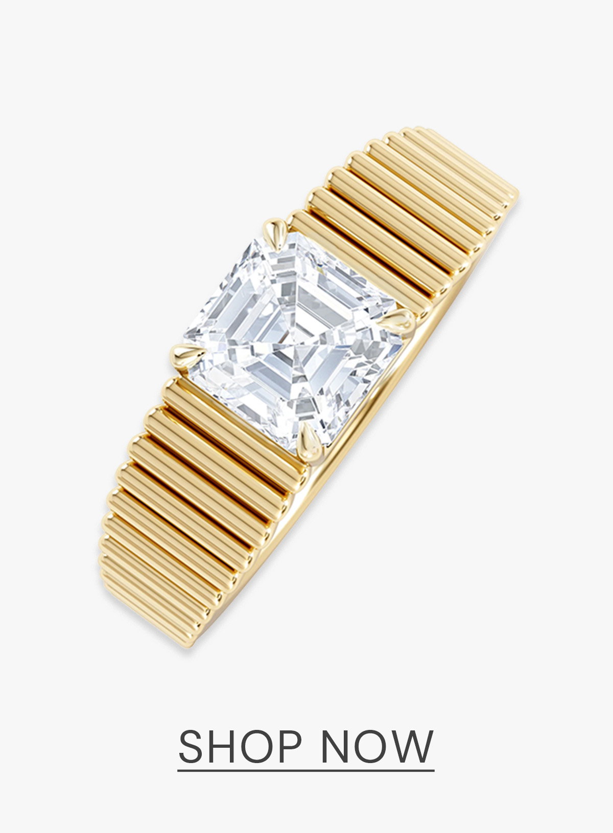Flute 1.00ct Assher Cut Lab Grown Diamond Solitaire Ring 18K Yellow Gold