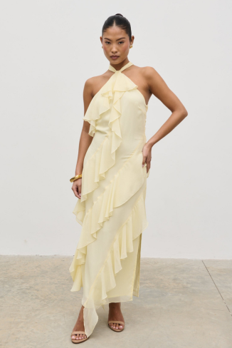 Aria Halterneck Ruffle Midaxi Dress - Lemon