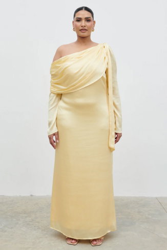 Neomie One Shoulder Tie Chiffon Maxi Dress Curve - Lemon