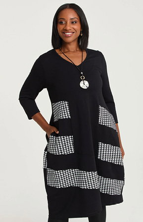 Tulip Spliced Bamboo Ponte Dress in Black/White Check