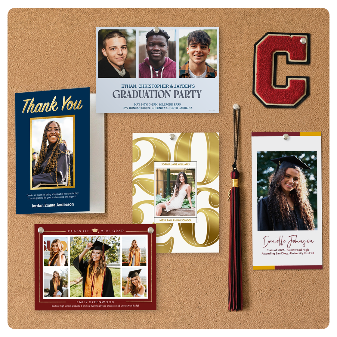 A cork board features five graduation announcement cards in different styles. A graduation-hat tassel and a letter C from a letterman jacket are also pinned to the board.