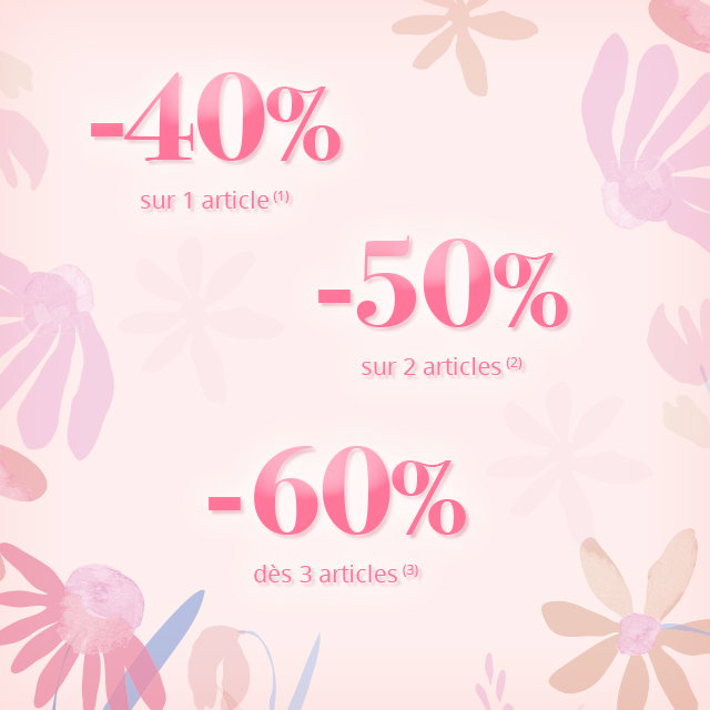 -40% sur 1 article (1), -50% sur 2 articles (2), -60% dès 3 articles (3)