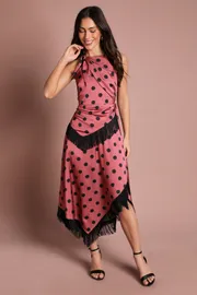 Halter Neck Polka Dot Fringe Satin Midi Dress