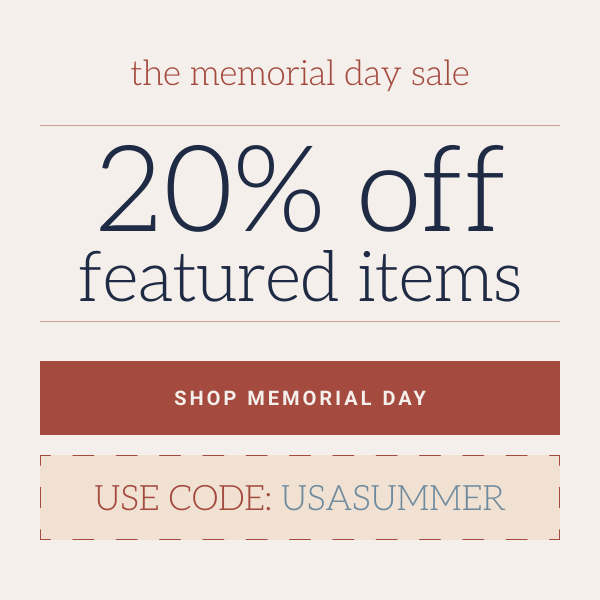 Memorial Day sale 20% off