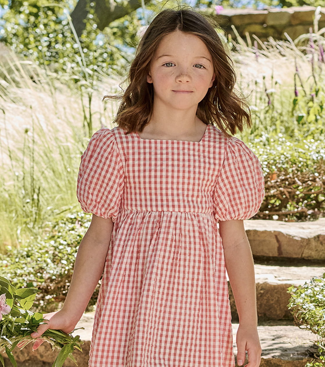 Jurk meisjes Vichy knopen rug - koraal