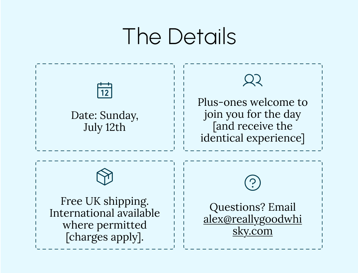 The Details Date: Sunday, July 12th Plus-ones welcome to join you for the day [and receive the identical experience] Free UK shipping. International available where permitted [charges apply]. Questions? Email alex@reallygoodwhisky.com