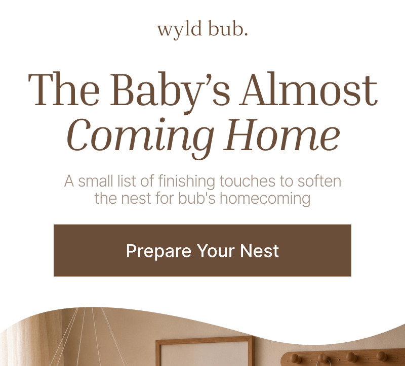 Cream header with brand logo, soft brown nursery text, short subheading, and a brown button reading Prepare Your Nest.
