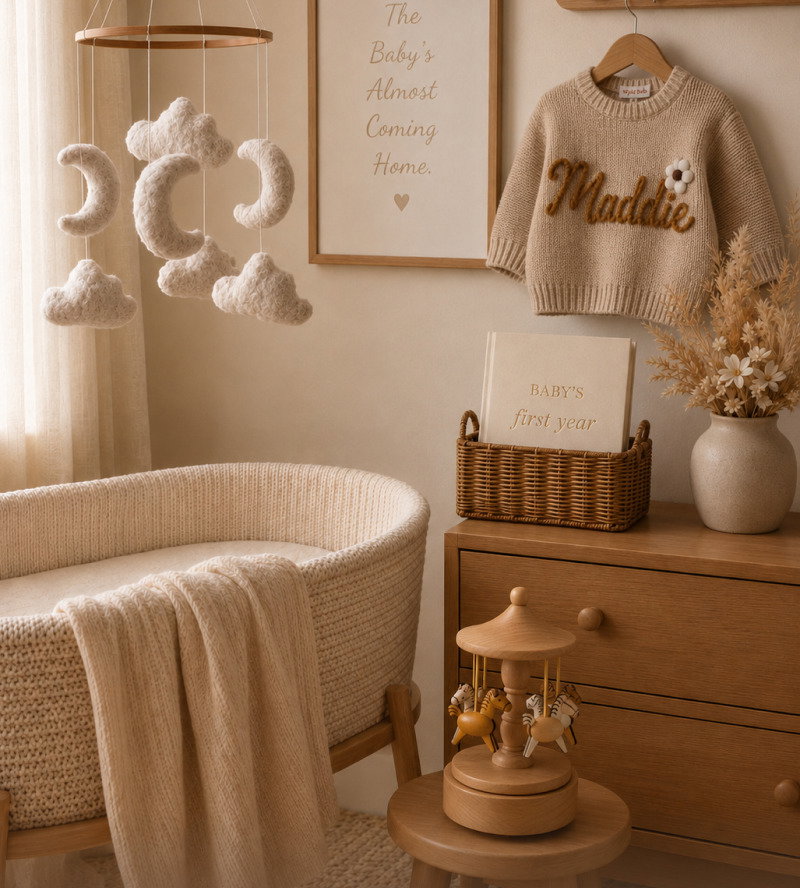 Neutral nursery corner with a wooden crib, hanging baby mobile, knit blanket, framed art, and soft beige decor on a dresser.