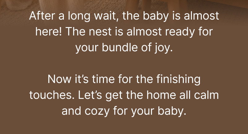 Brown text section describing the first days home with a newborn and creating a calm environment for rest and bonding.
