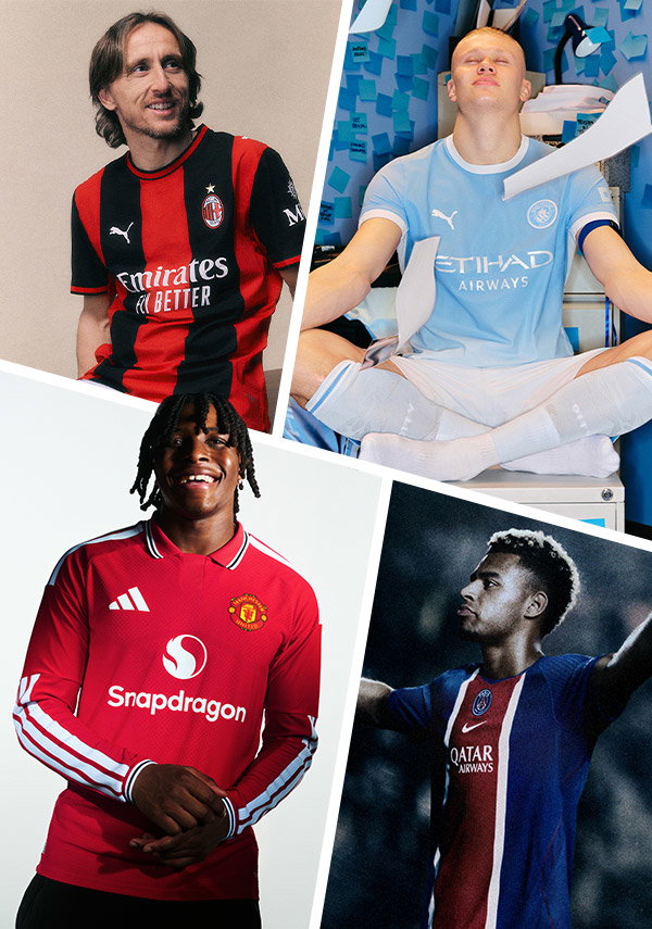 Collage of four footballers modelling AC Milan, Manchester City, Manchester United and Paris Saint-Germain shirts