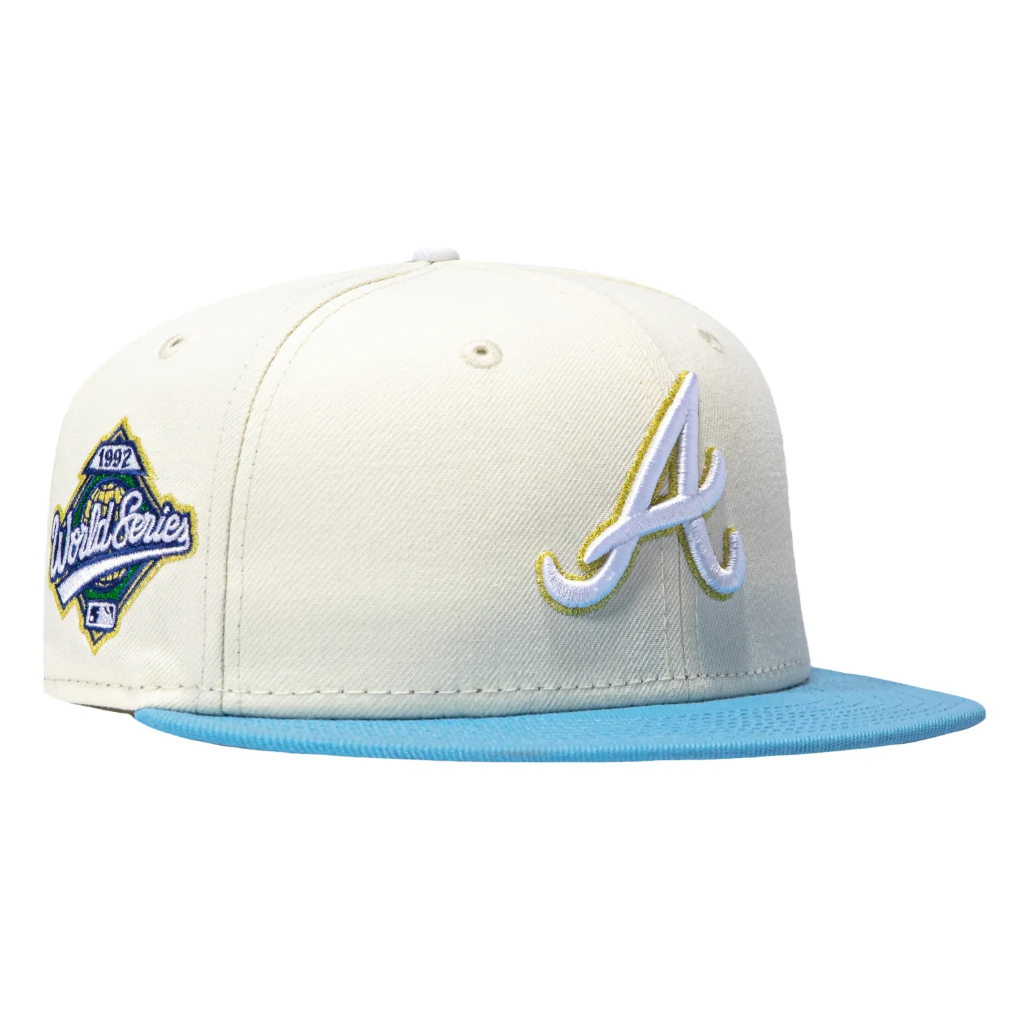 Image of New Era 59Fifty Trophy Tour Atlanta Braves 1992 World Series Patch Hat - White, Light Blue