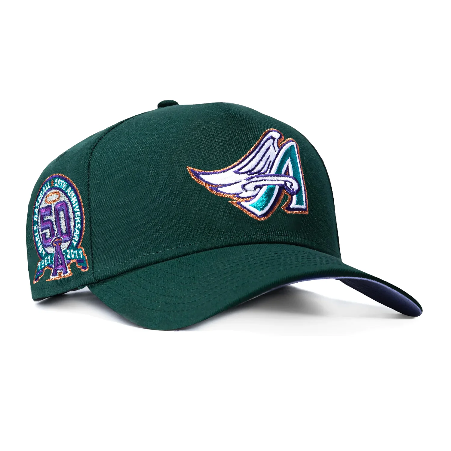 Image of New Era 9Forty A-Frame Los Angeles Angels 50th Anniversary Patch 1997 Lavender UV Snapback Hat - Green