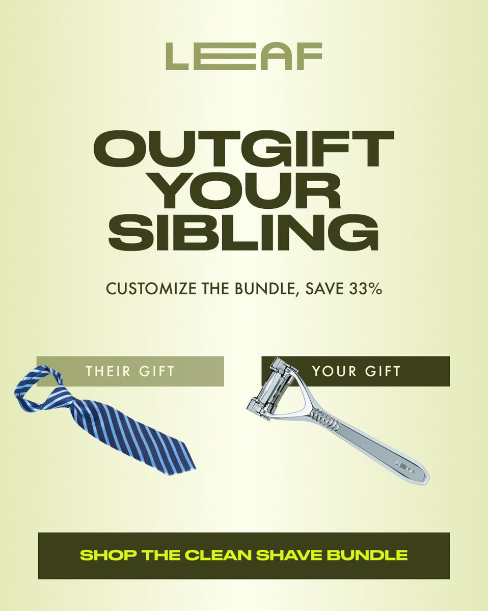 Father and child in bathroom with shaving cream on their faces during Father's Day promotional campaign for Leaf Shave bundle offer