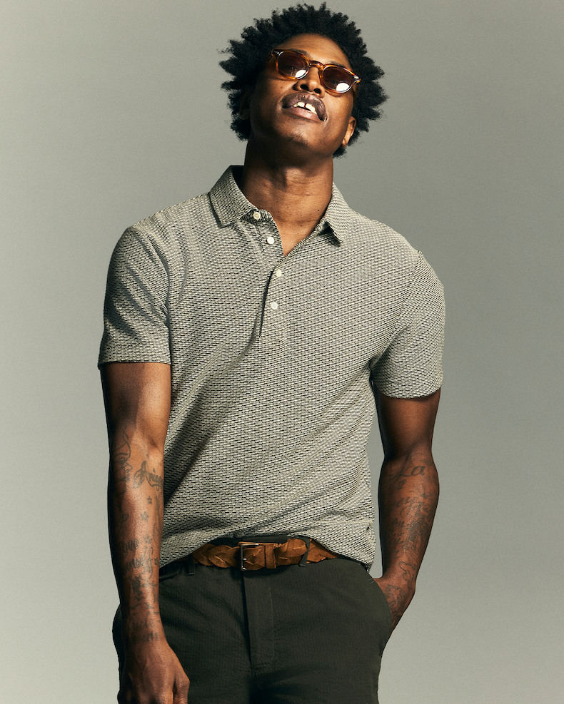 Model wears the Billy Reid Domino Sweater Polo
