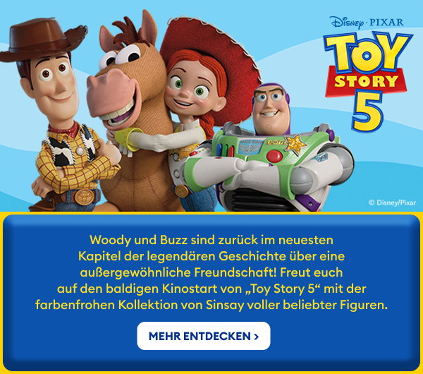 Woody und Buzz sind zurück im neuesten Kapitel der legendären Geschichte über eine außergewöhnliche Freundschaft! Freut euch auf den baldigen Kinostart von „Toy Story 5“ mit der farbenfrohen Kollektion von Sinsay voller beliebter Figuren.