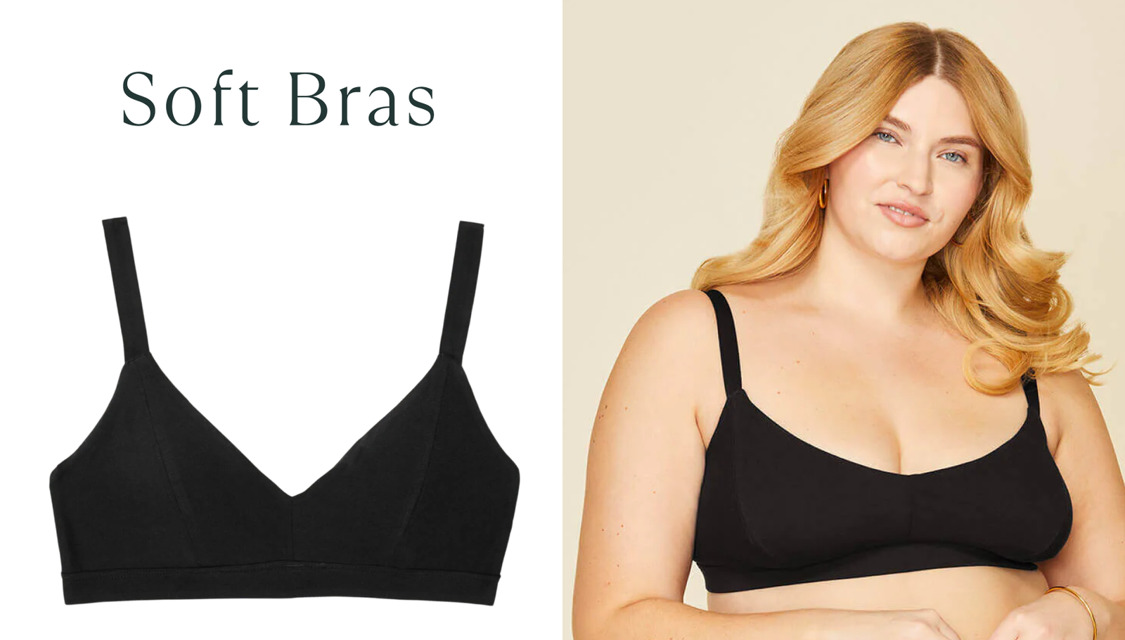 Model wearing Subset's soft black Bra. Text: Soft Bras. 
