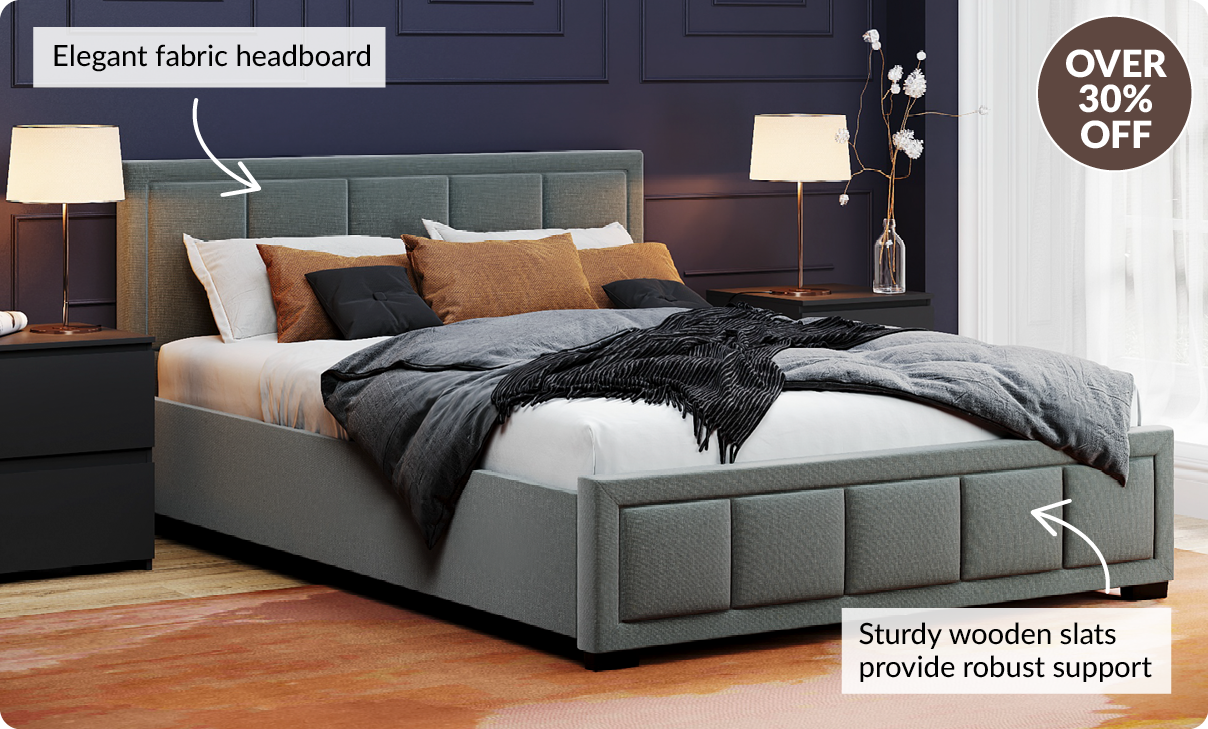Over 30% off. Elegant fabric headboard. Sturdy wooden slats provide robust support.