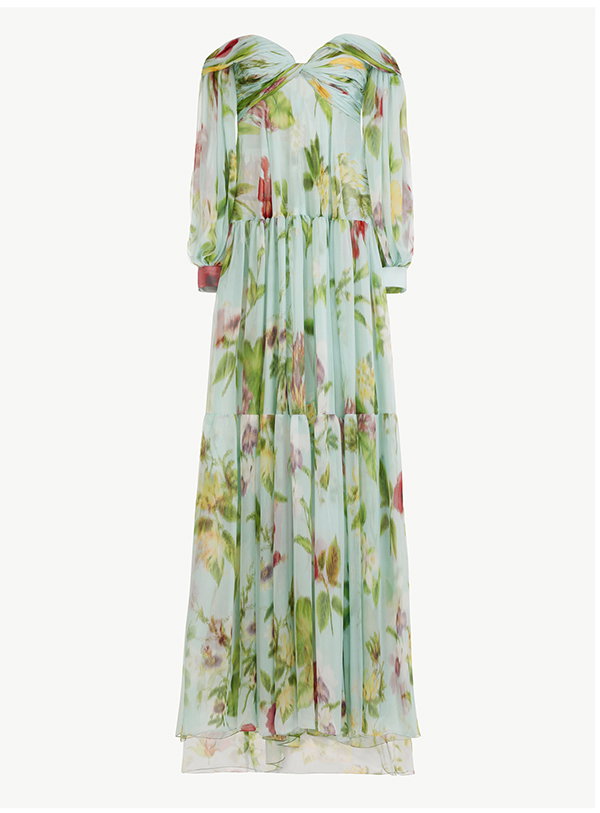 Chiné Dominican Mixed-Floral Chiffon Sweetheart Gown