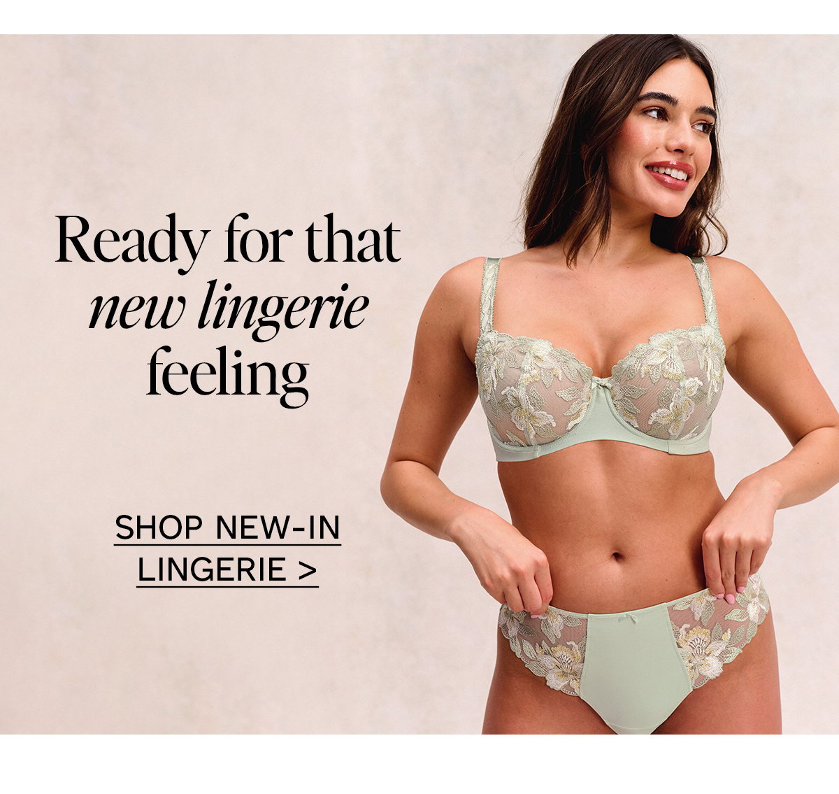 Ready for that new lingerie feeling? Shop New-In Lingerie. Model wears new Magdalenda Set in Pistachio
