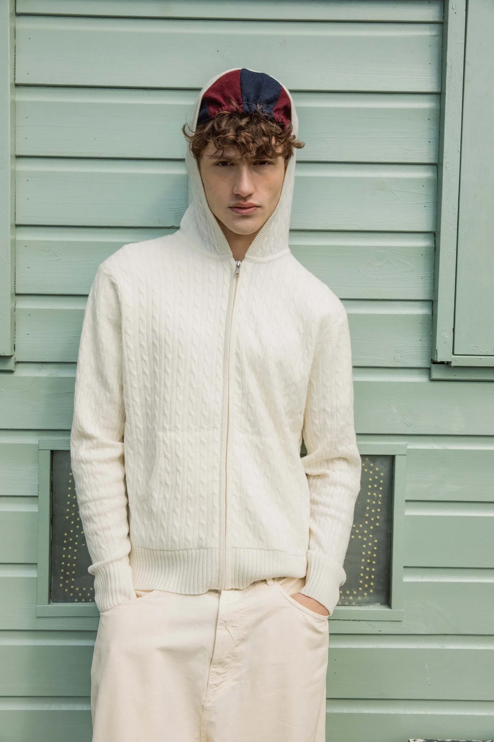 Image of Unisex Cable Zip Cashmere Hoodie - Soft White