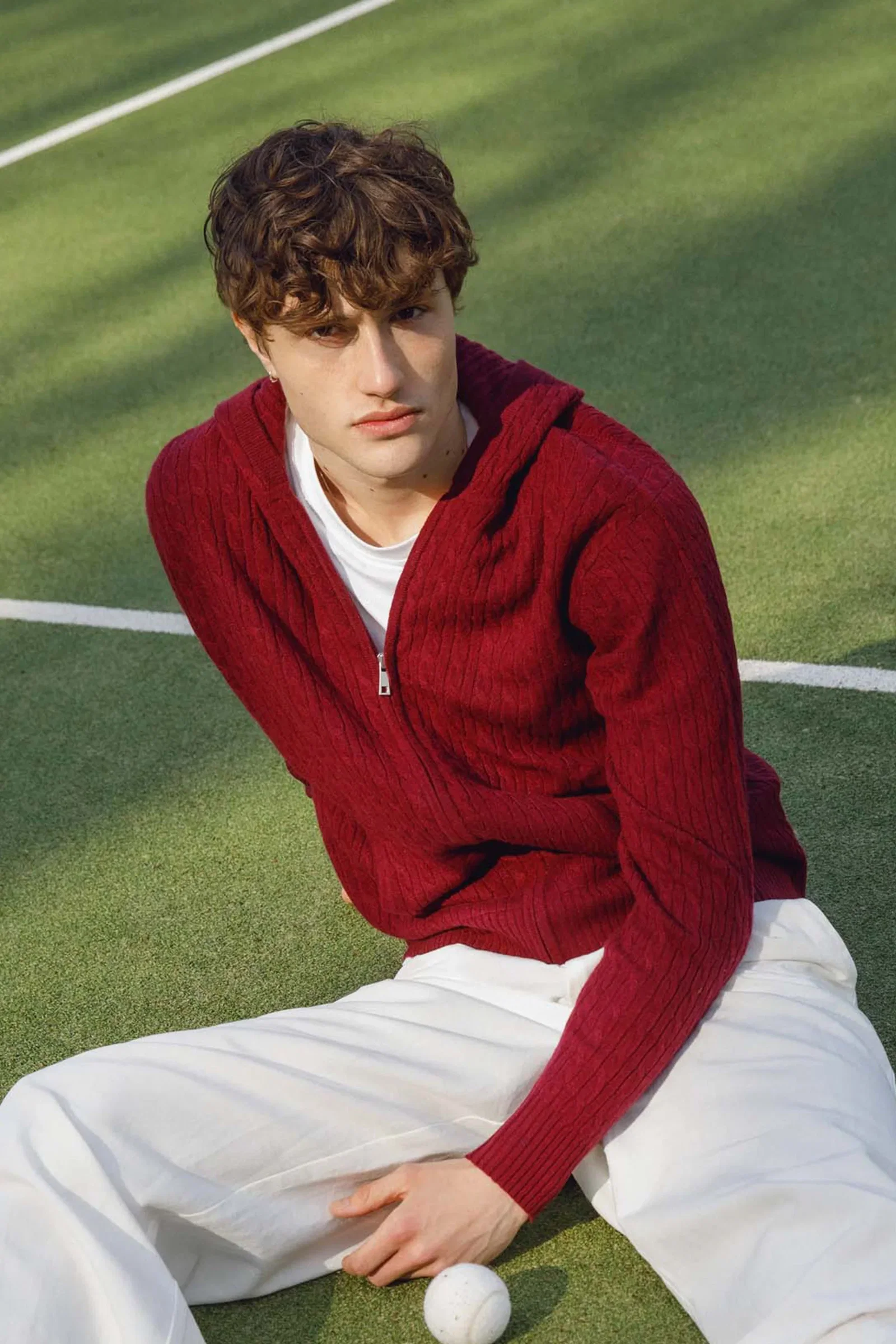 Image of Unisex Cable Zip Cashmere Hoodie - Burgundy