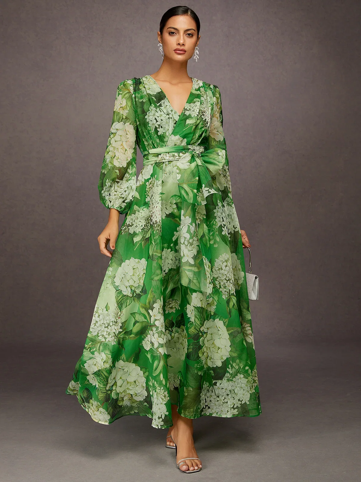 Image of Elegant Floral Printing V-Neck Maxi Dress