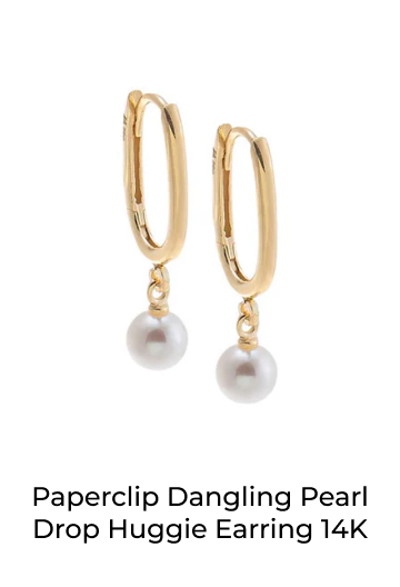 Paperclip Dangling Pearl Drop Huggie Earring 14K