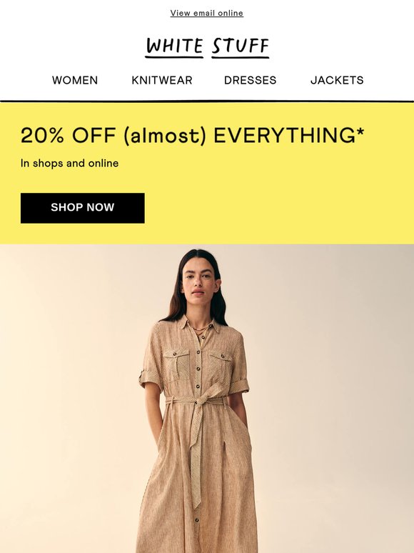 20% off "where to next?" dresses