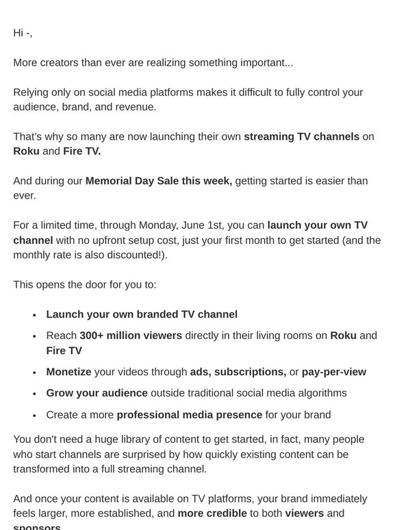 TvStartup Memorial Day Sale: Turn Your Content Into Your Own TV Channel