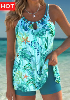 ROTITA Tummy Coverage Cyan Marine Life Print Tankini Set