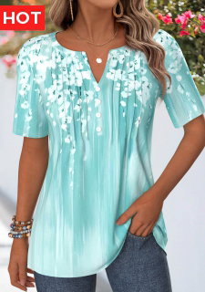 ROTITA Tuck Stitch Floral Print Cyan Split Neck T Shirt