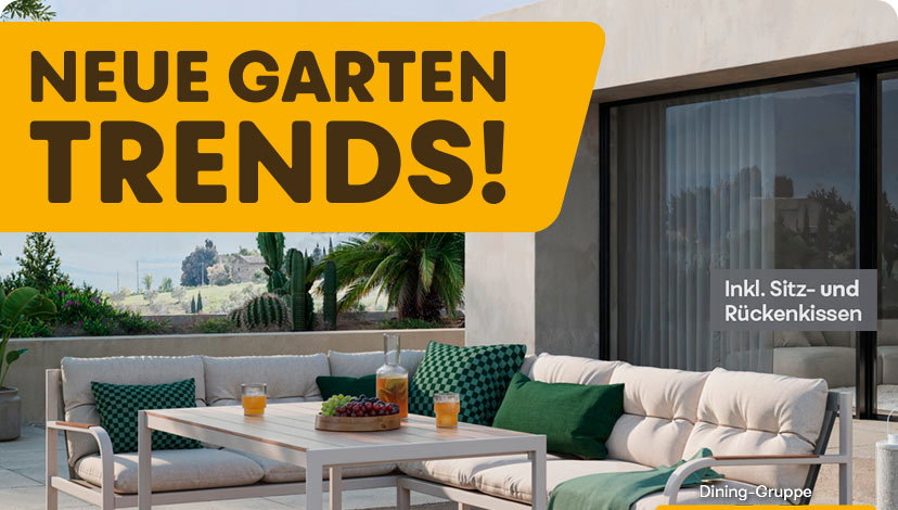 Aktionsgrafik mit Laura Wontorra vor einem sommerlichen Gartenhintergrund. Der Text lautet: Der Frühling zieht ein!. Enthalten sind zwei rote Gutscheinfelder: 40 € geschenkt auf Deko und mehr mit dem Gutscheincode DEKO40 sowie Bis zu 600 € geschenkt auf Möbel und mehr mit dem Gutscheincode TRENDS26.