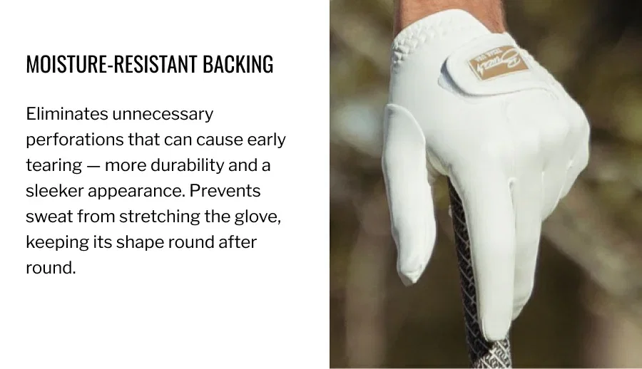 Eliminates unnecessary perforations that can cause early tearing — more durability and a sleeker appearance. Prevents sweat from stretching the glove, keeping its shape round after round.