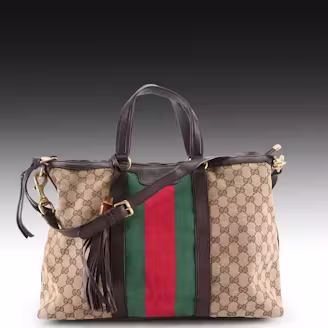 Gucci Rania Two-Way Zip Tote Bag in Web Striped GG Canvas and Brown Leather Trim