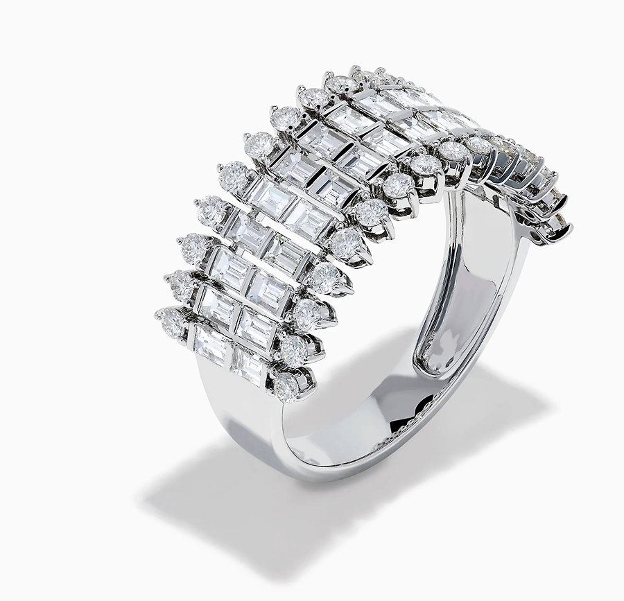 14K White Gold Baguette and Round Diamond Statement Ring