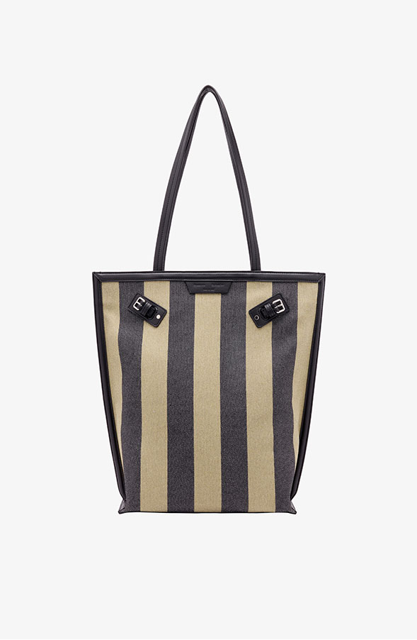 North South Days Tote in Striped Canvas in Moss/Black