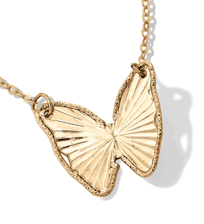 Yellow gold butterfly pendant necklace with textured wings on a delicate chain.
