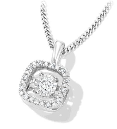 White gold diamond halo pendant necklace with round center stone on a chain.